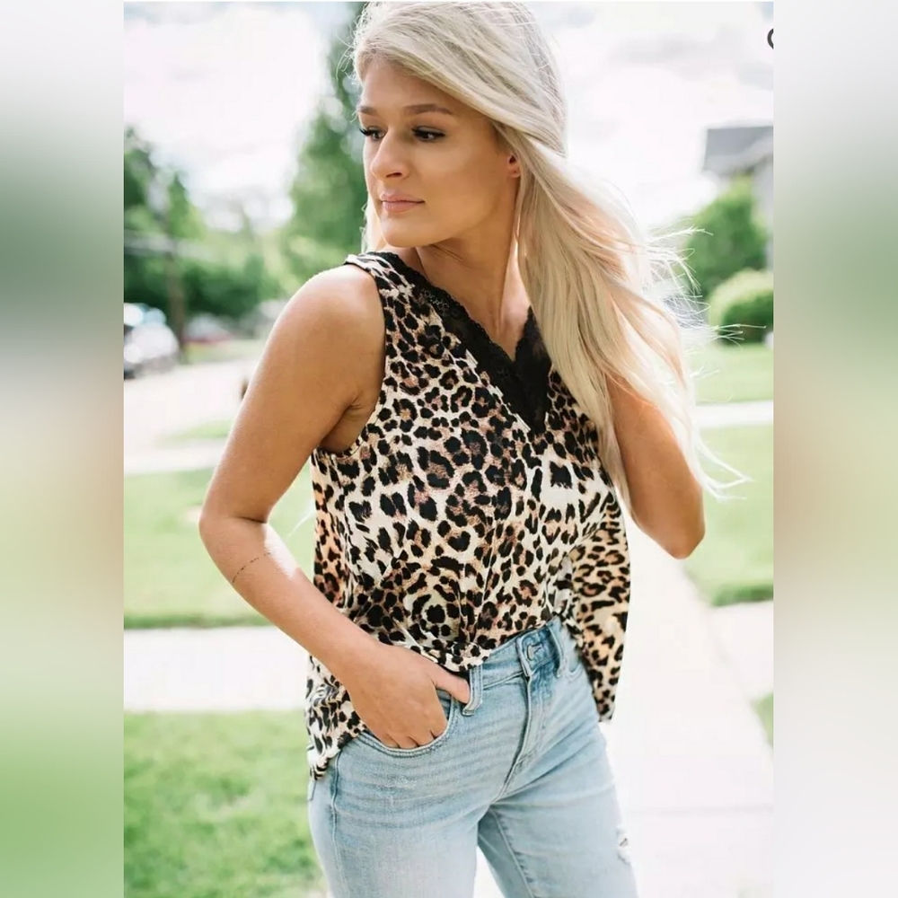 Willow & Root Lace Trim Cheetah Tank Top